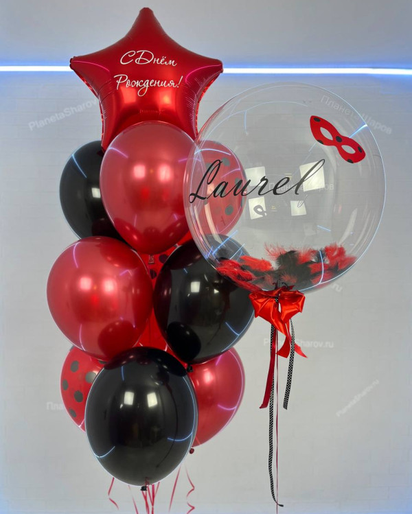 Черно красный набор шаров с перьями и маской