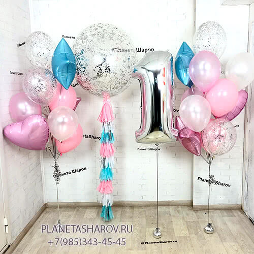 Фонтан с розово-серебристыми шарами